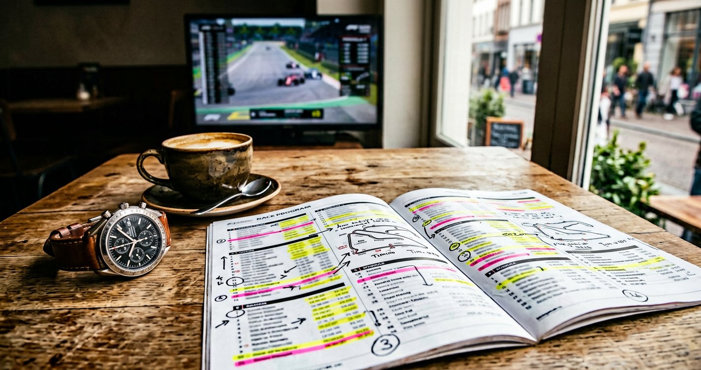 Programme de courses annoté au surligneur à côté d'une montre et d'une tasse de café