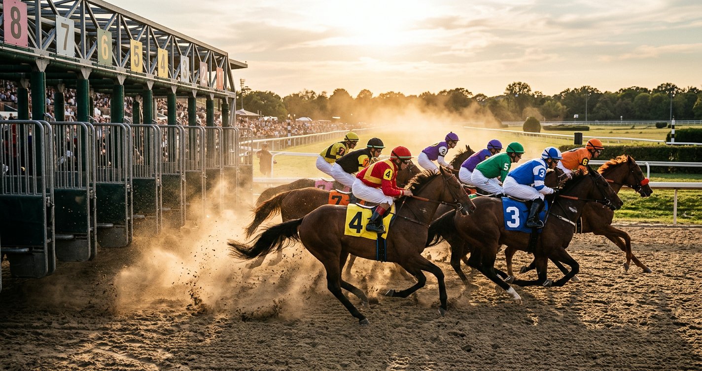 Départ d'une course de plat, les chevaux s'élançant des stalles avec leurs jockeys en position basse