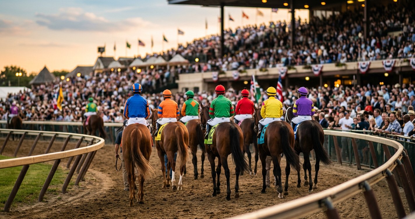 Jockeys en casaques colorées au rond de présentation avec leurs chevaux avant la course
