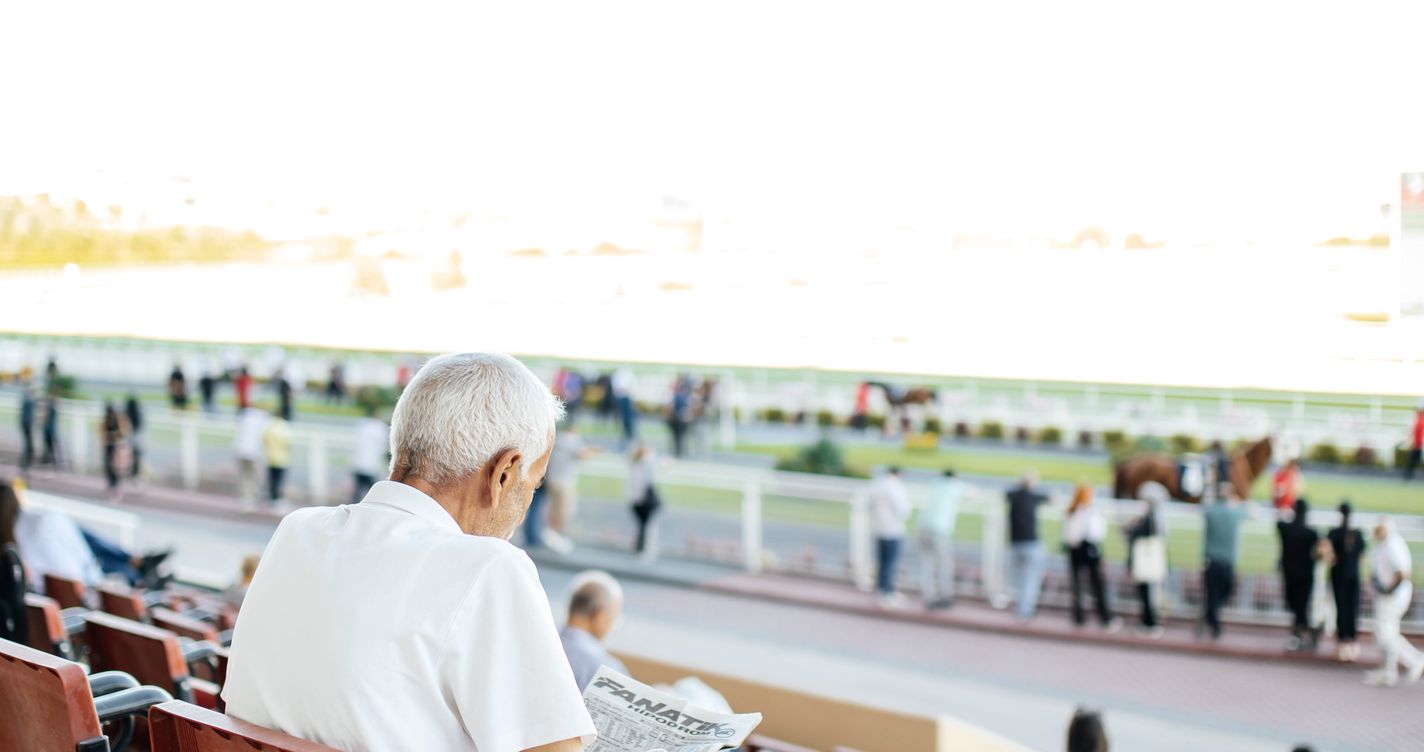 Spectateur lisant le programme des courses en tribune, hippodrome en arrière-plan