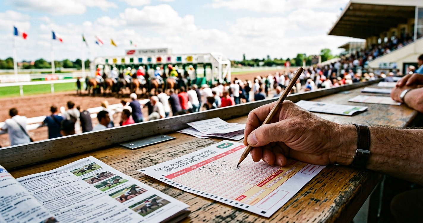 Main remplissant un bulletin de pari au crayon sur un comptoir, avec le programme en arrière-plan