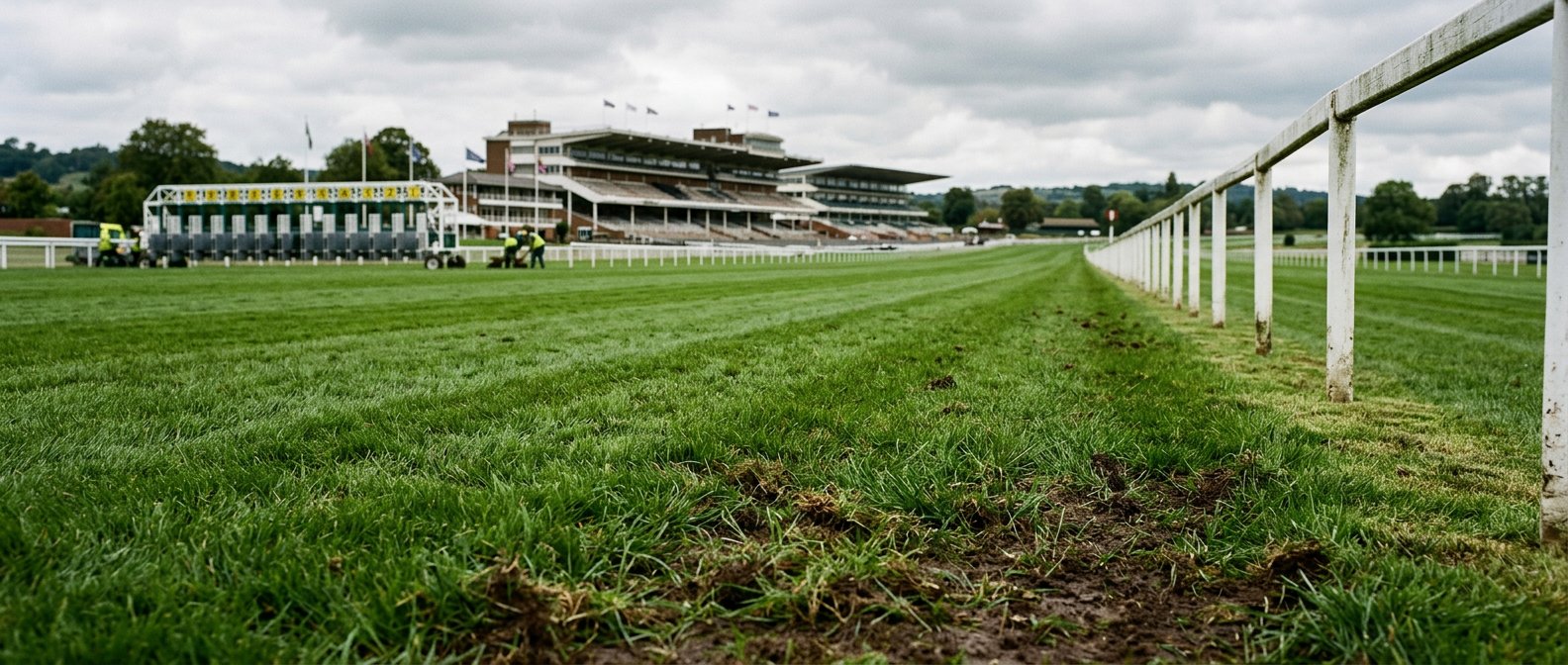 Piste en herbe d'un hippodrome avec sa lice blanche et ses tribunes en arrière-plan